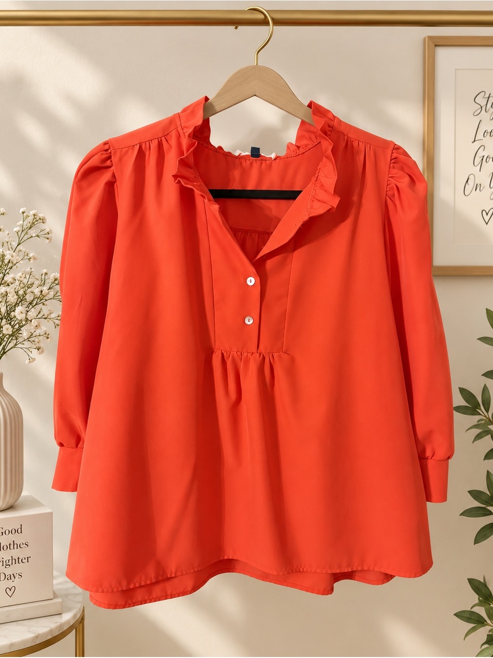 Ruffled V-Neck Blouse in Orange